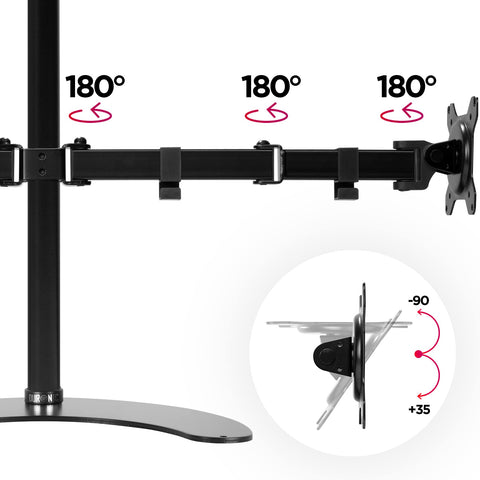 Duronic Dual Monitor Stand showing 180-degree swivel joints and -90 to +35 degree screen tilt.