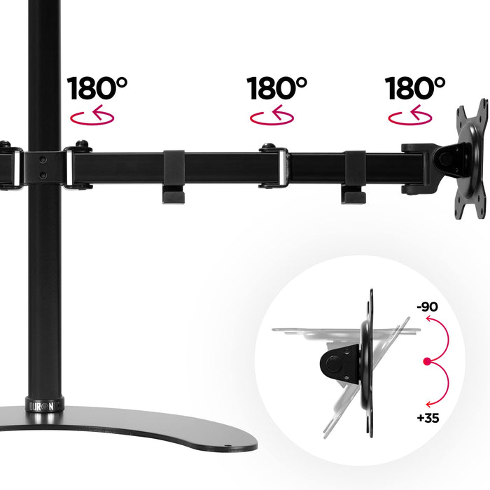 Duronic Dual Monitor Stand showing 180-degree swivel joints and -90 to +35 degree screen tilt.