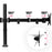 Duronic Dual Monitor Stand showing 180-degree swivel joints and a -90 to +35-degree tilt range.