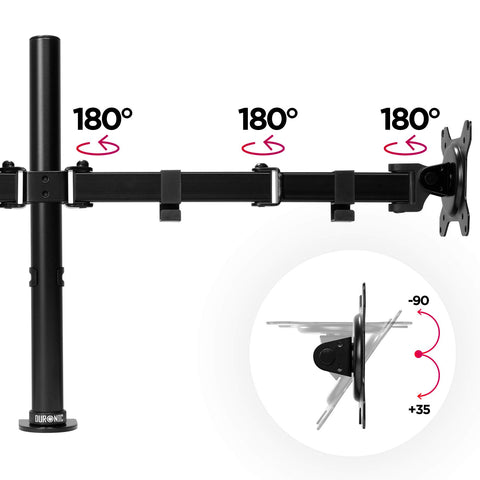 Duronic Dual Monitor Stand showing 180-degree swivel joints and a -90 to +35-degree tilt range.
