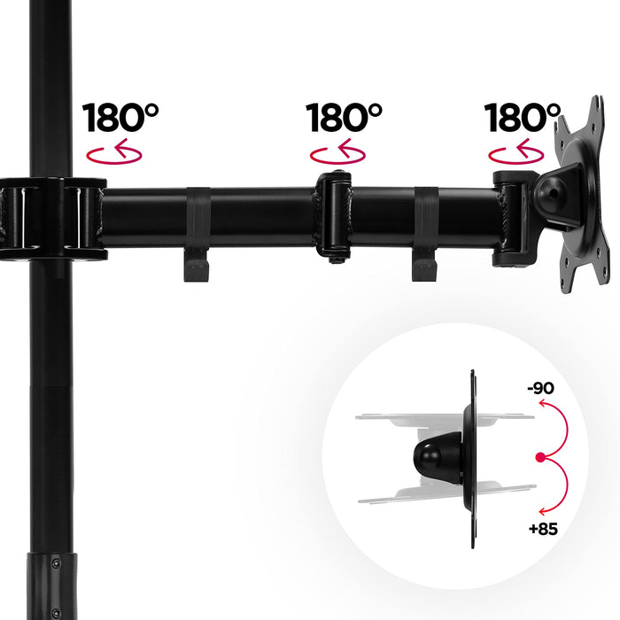Duronic Dual Monitor Stand showing 180-degree swivel points and vertical tilt range for ergonomic setups.