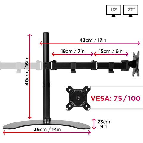 Duronic Dual Monitor Stand  showing 40cm height, 43cm arm reach, and VESA 75/100 compatibility.
