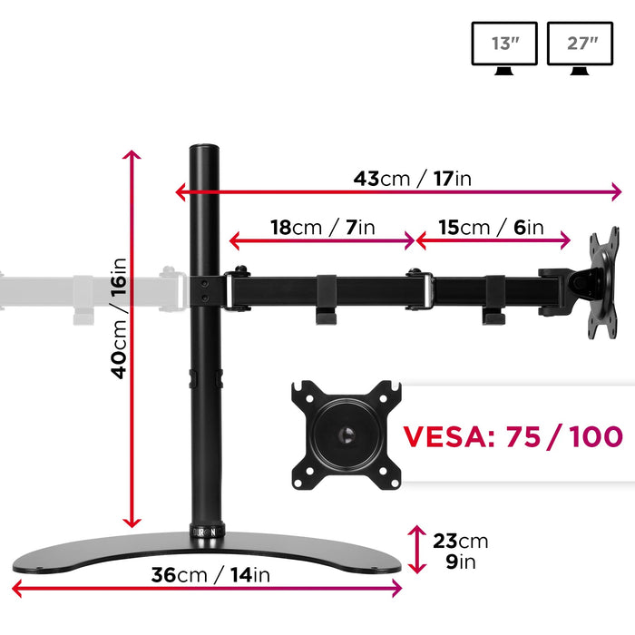 Duronic Dual Monitor Stand  showing 40cm height, 43cm arm reach, and VESA 75/100 compatibility.
