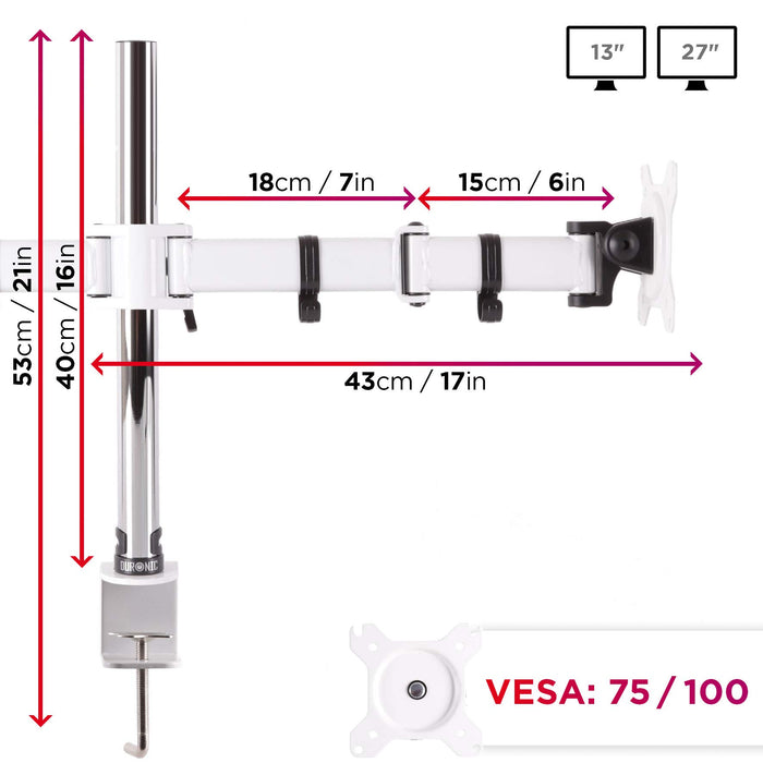 Duronic Dual Monitor Stand showing adjustable height, reach, and VESA mount compatibility.