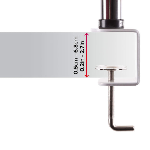 Duronic Dual Monitor Stand showing adjustable thickness range from 0.5cm to 6.8cm (0.2in to 2.7in).