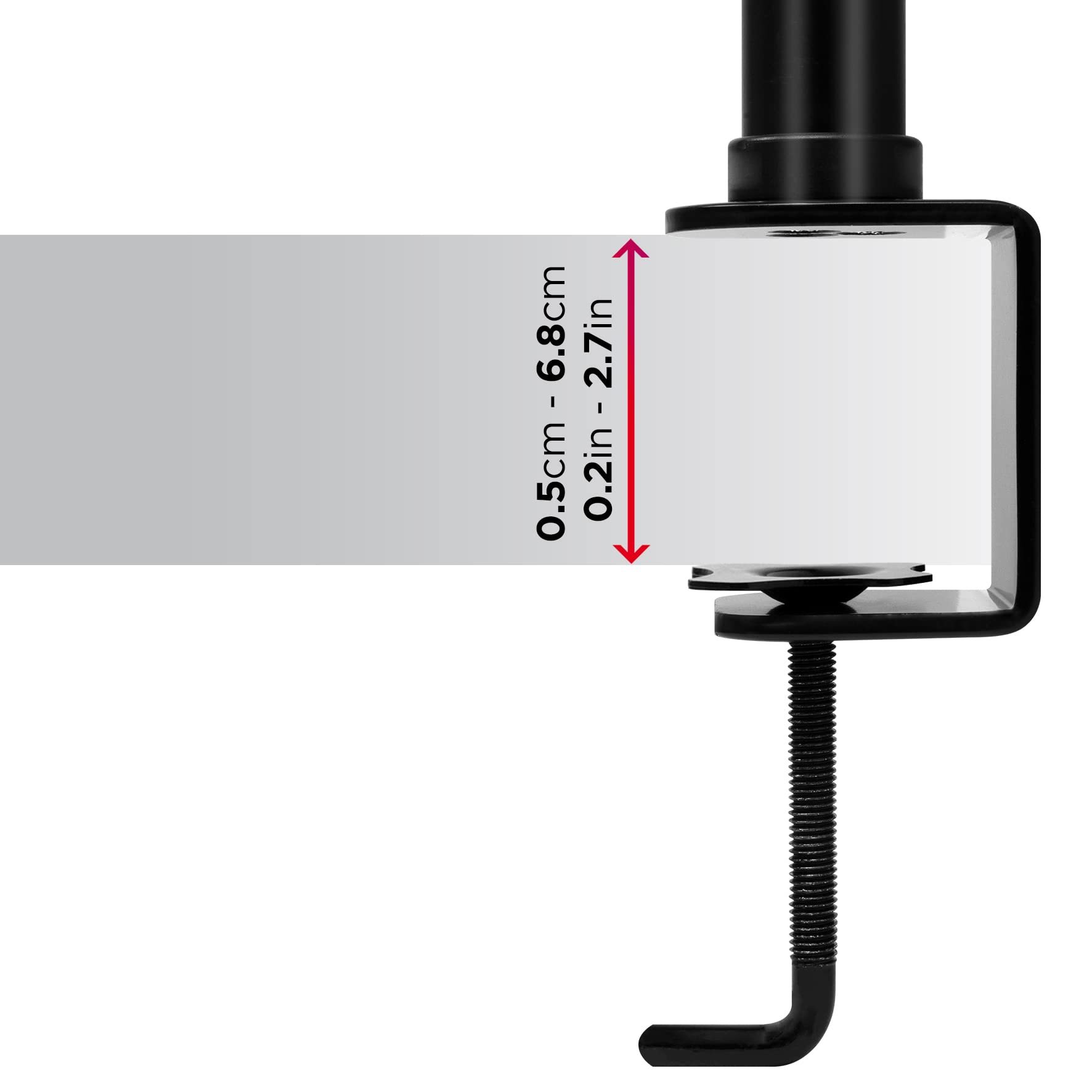 Duronic Dual Monitor Stand showing adjustable thickness range from 0.5cm to 6.8cm for various tabletops.