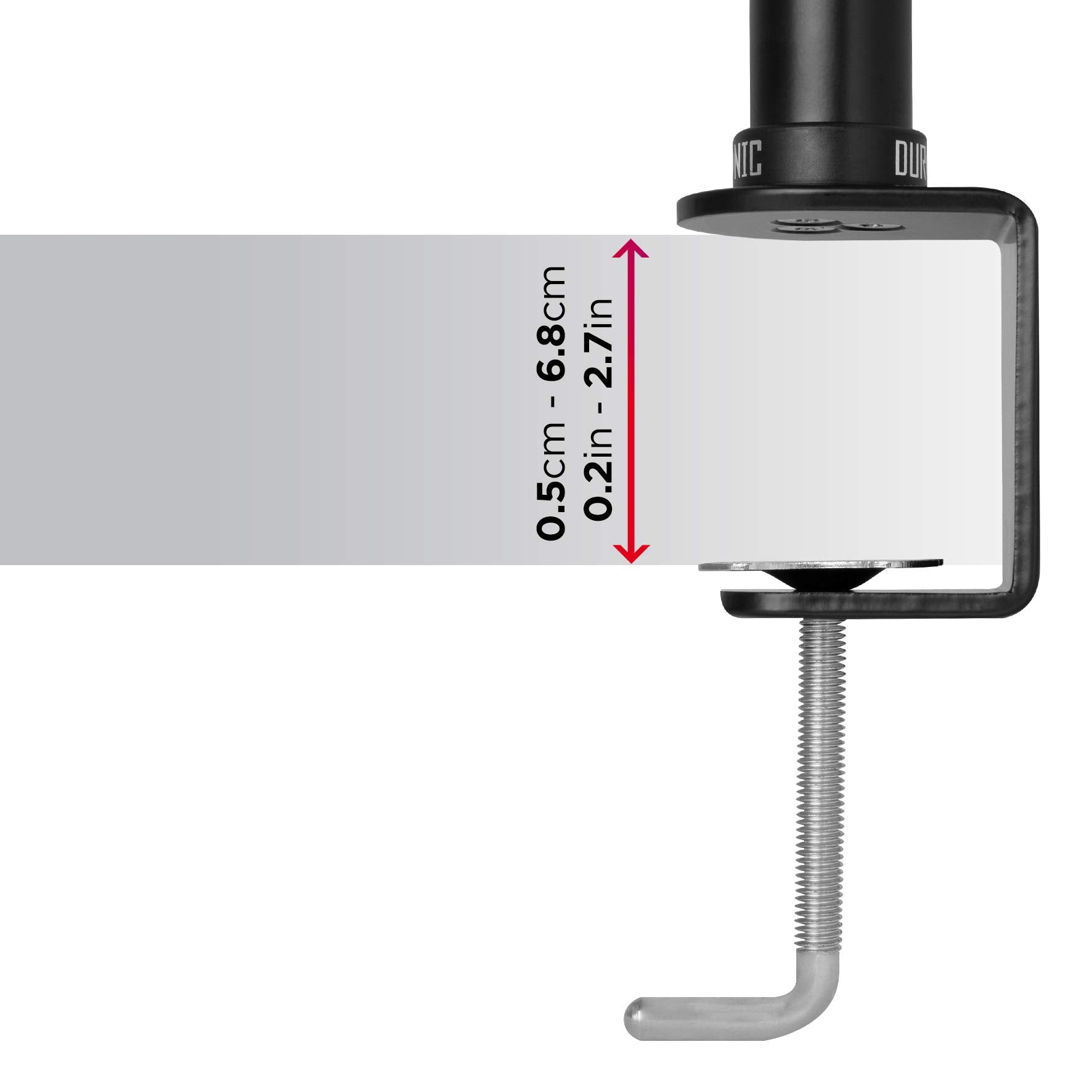 Duronic Dual Monitor Stand showing an adjustable desk thickness range of 0.5cm to 6.8cm.