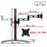 Duronic Dual Monitor Stand showing arm lengths, pole height, base size, and VESA compatibility.