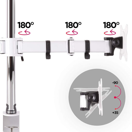 Duronic Dual Monitor Stand showing three 180° swivel joints and a -90° to +35° tilt range.
