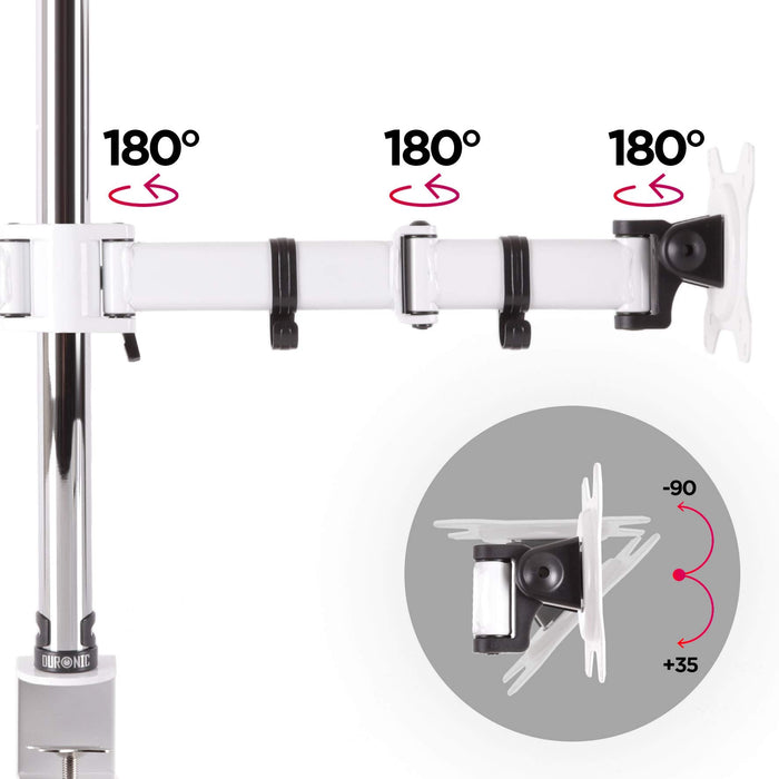 Duronic Dual Monitor Stand showing three 180° swivel joints and a -90° to +35° tilt range.