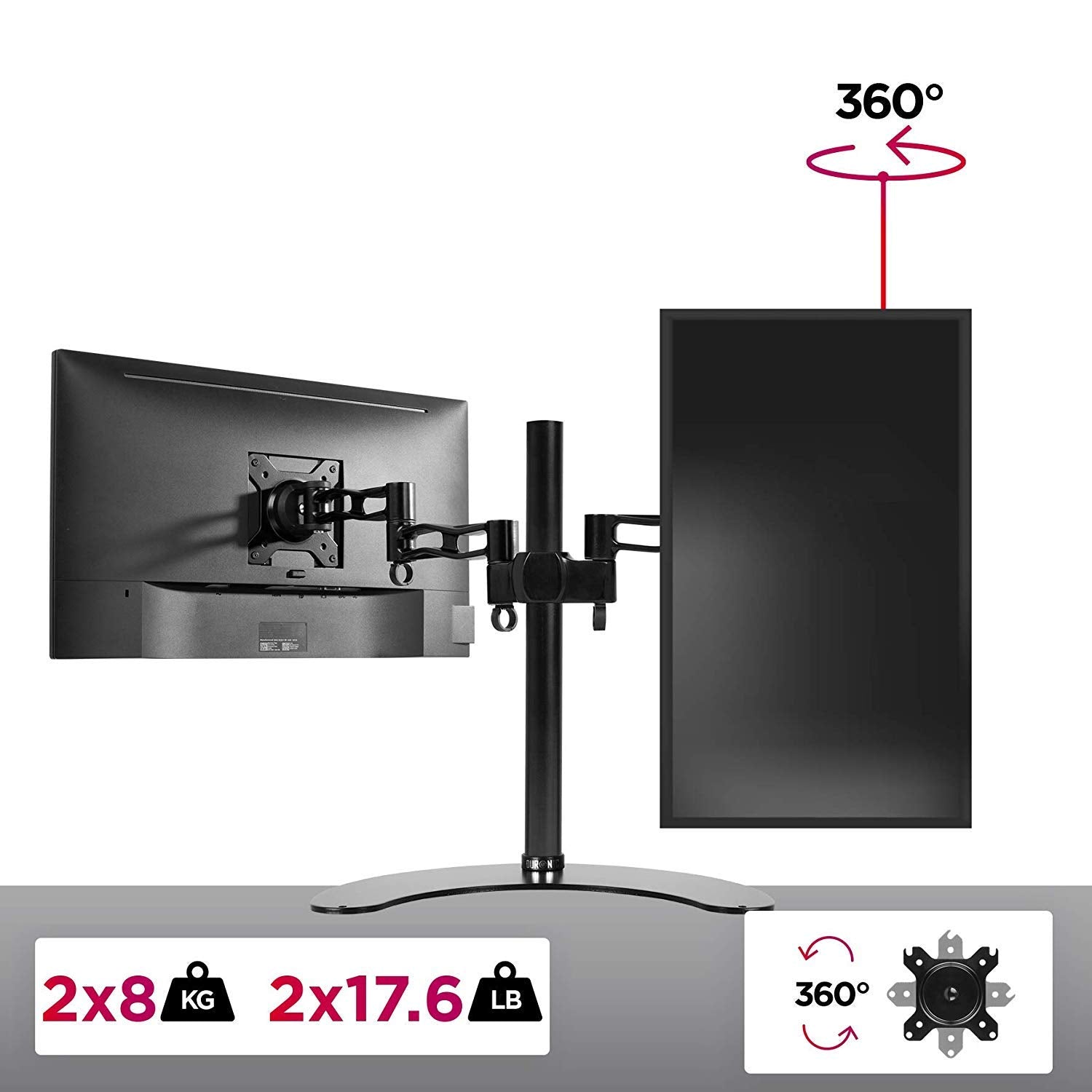 Duronic Dual Monitor Stand stand holding two screens, one landscape and one portrait, showing weight limits.