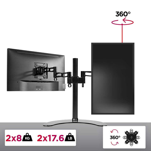 Duronic Dual Monitor Stand stand holding two screens, one landscape and one portrait, showing weight limits.