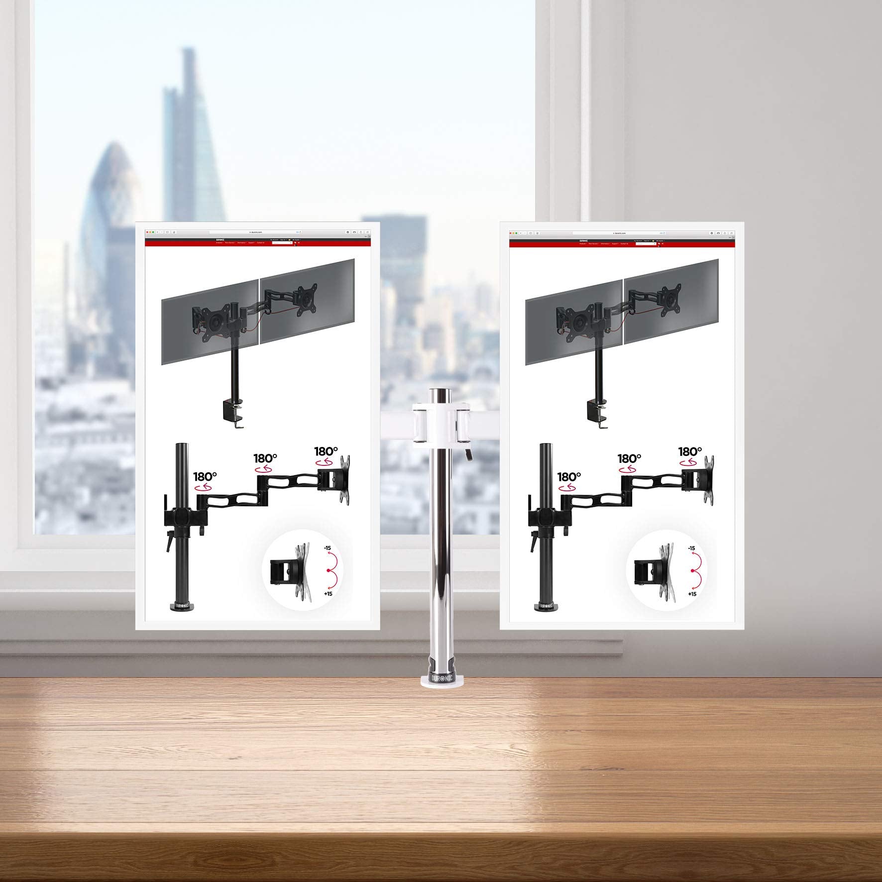 Duronic Dual Monitor Stand with adjustable arms and swivel joints clamped to a wooden office desk.