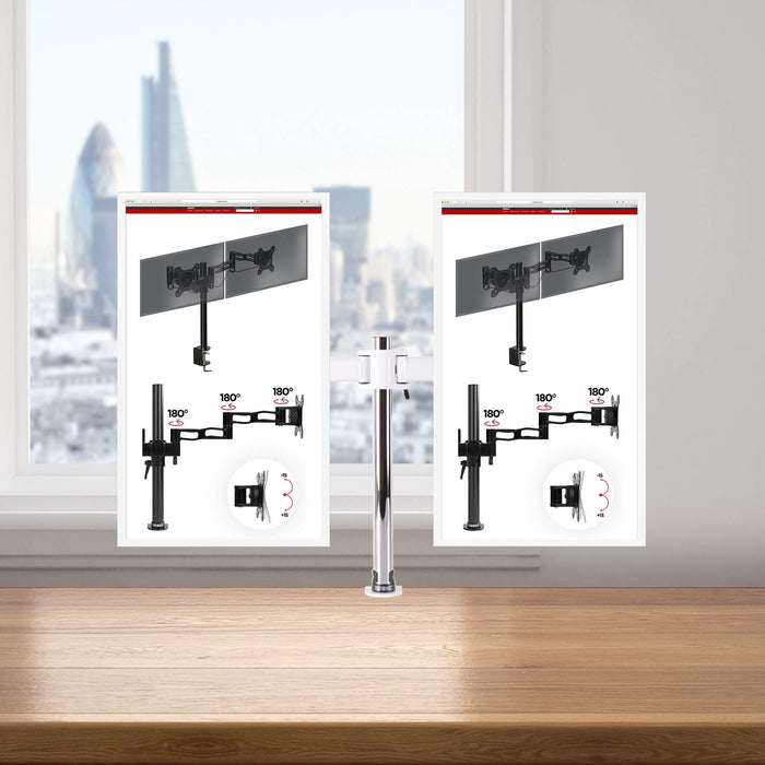 Duronic Dual Monitor Stand with adjustable arms and swivel joints clamped to a wooden office desk.