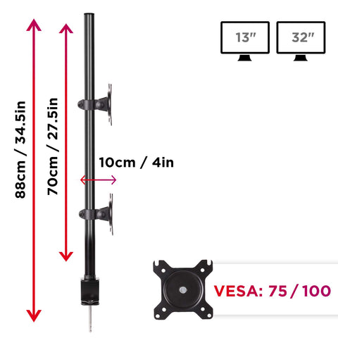 Duronic Dual Monitor Stand with 34.5-inch pole, VESA 75/100, fitting 13 to 32-inch screens.