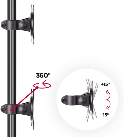 Duronic Dual Monitor Stand with 360-degree rotation and 15-degree tilt for adjustable screen viewing angles.