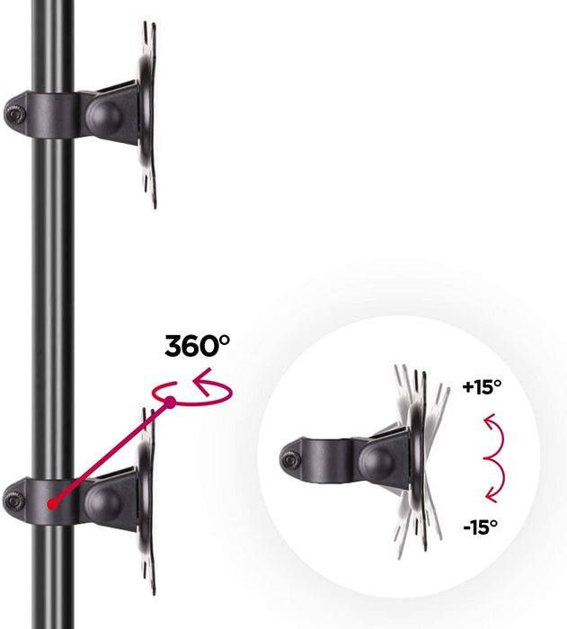 Duronic Dual Monitor Stand with 360-degree rotation and 15-degree tilt for adjustable screen viewing angles.