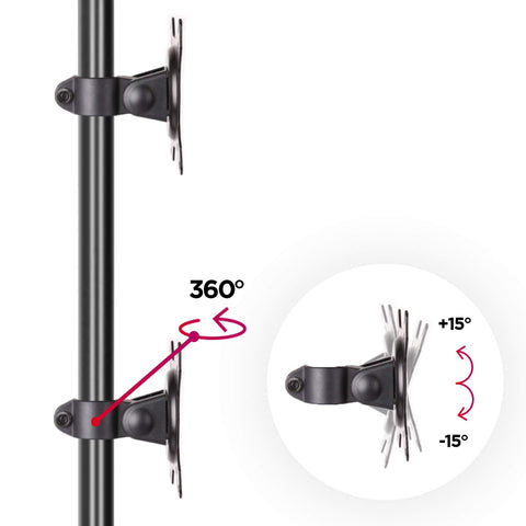 Duronic Dual Monitor Stand with 360-degree rotation and 15-degree tilt functionality for ergonomic screen positioning.