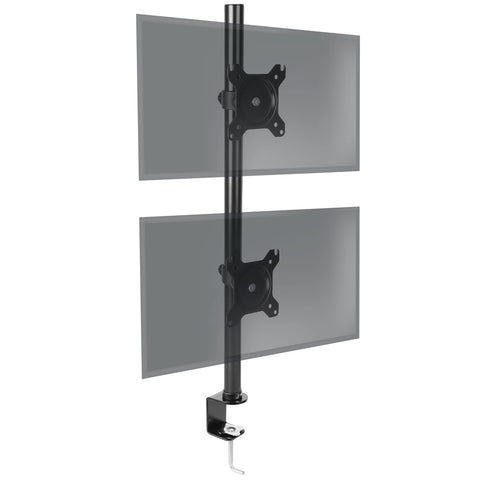 Duronic Dual Monitor Stand with C-clamp base, adjustable VESA brackets, and sleek black finish.