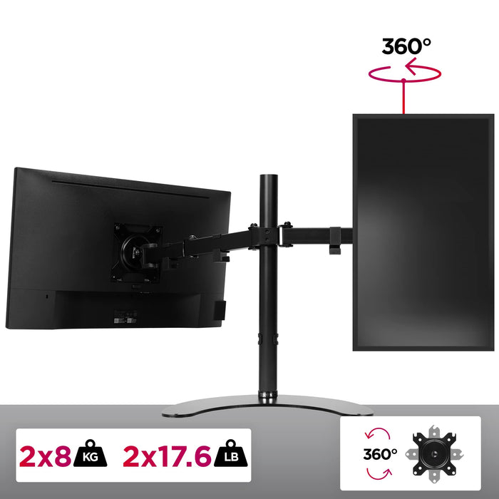Duronic Dual Monitor Stand with Dual monitor desk stand holding two screens, one landscape and one portrait, 8kg weight capacity.