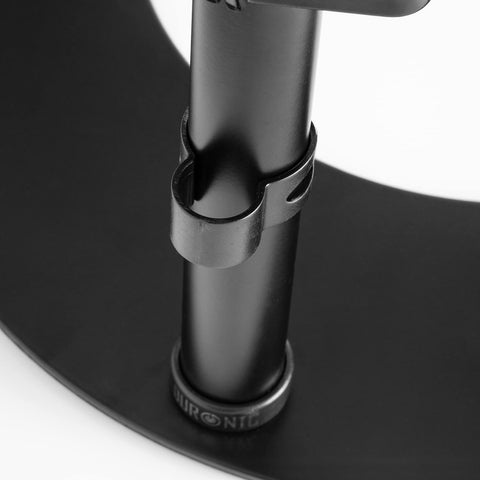 Duronic Dual Monitor Stand with a plastic cable management clip on a curved metal base.