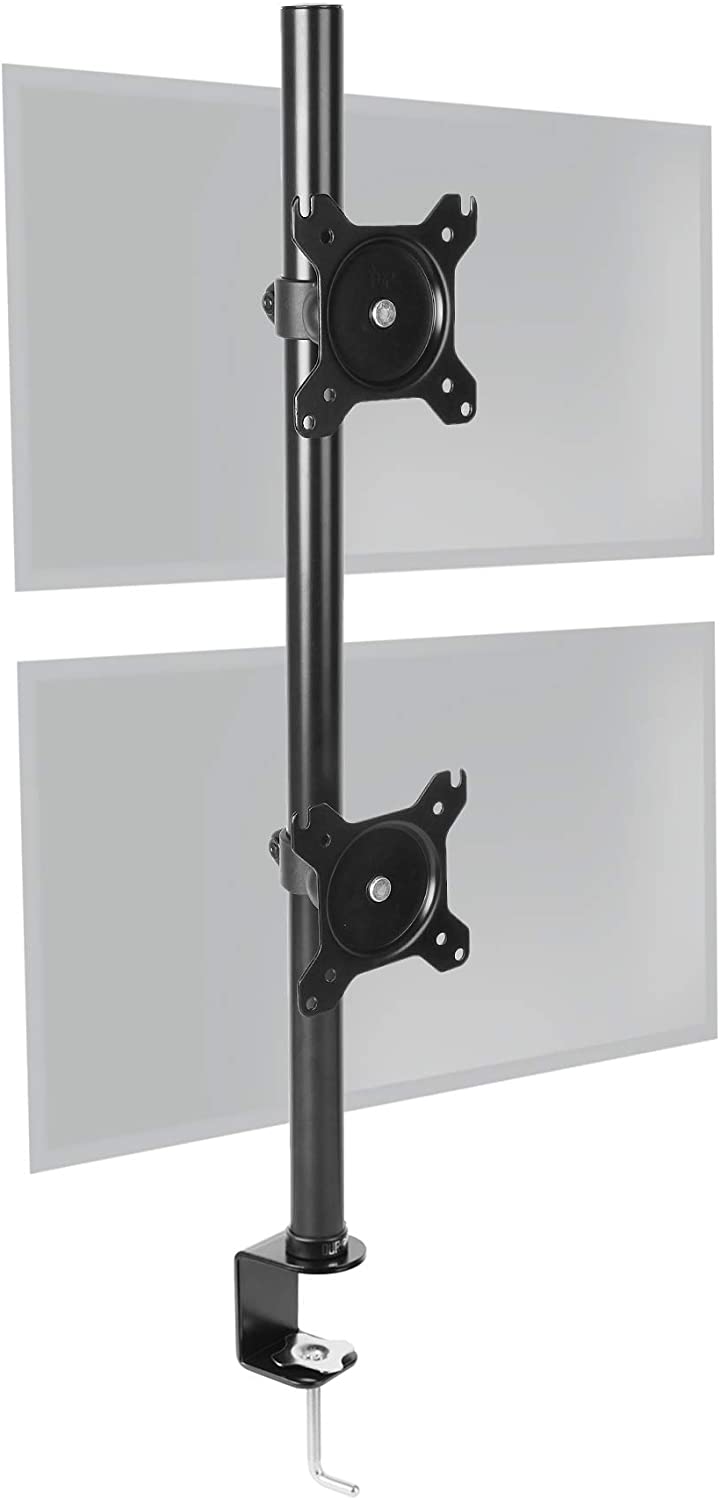 Duronic Dual Monitor Stand with adjustable VESA plates and heavy-duty steel C-clamp base.