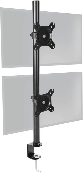 Duronic Dual Monitor Stand with adjustable VESA plates and heavy-duty steel C-clamp base.