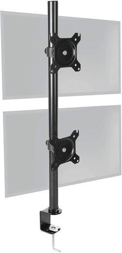 Duronic Dual Monitor Stand with adjustable VESA plates and heavy-duty steel C-clamp base.