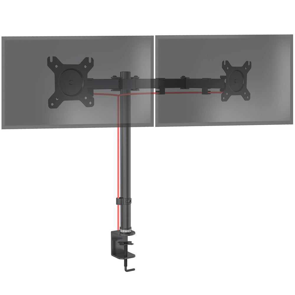 Duronic Dual Monitor Stand with adjustable arms, VESA plates, and a sturdy black C-clamp.