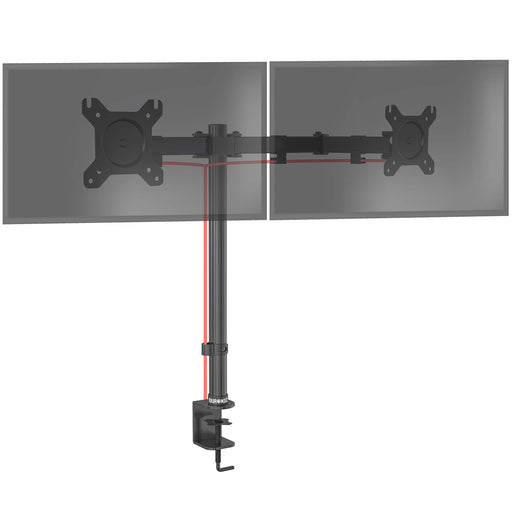 Duronic Dual Monitor Stand with adjustable arms, VESA plates, and a sturdy black C-clamp.