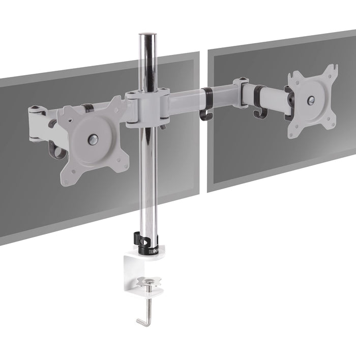 Duronic Dual Monitor Stand with adjustable arms and C-clamp base for ergonomic workspace setup.
