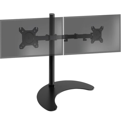 Duronic Dual Monitor Stand  with adjustable arms and a stable, crescent-shaped black steel base.