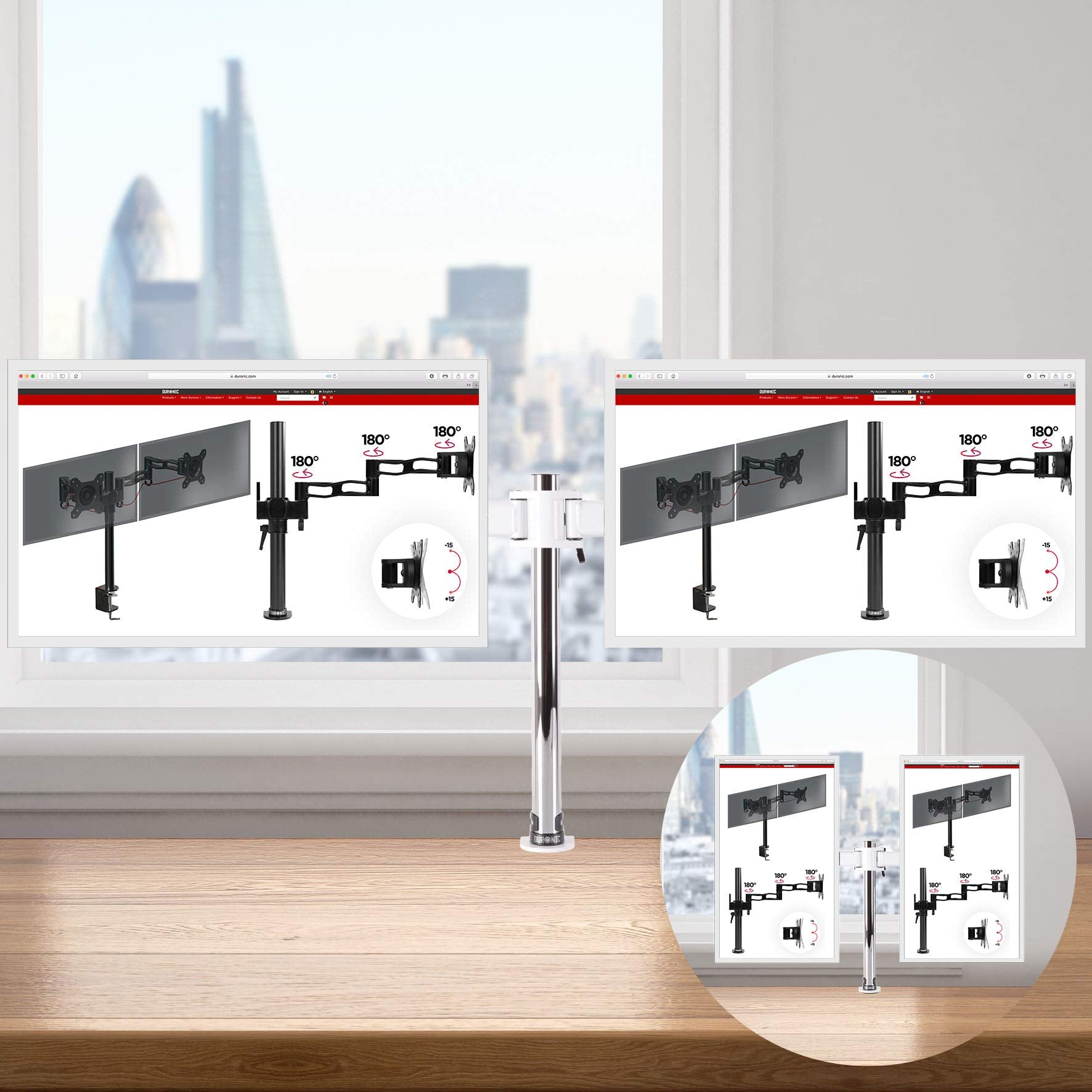 Duronic Dual Monitor Stand with adjustable arms and swivel joints clamped to a wooden office desk.