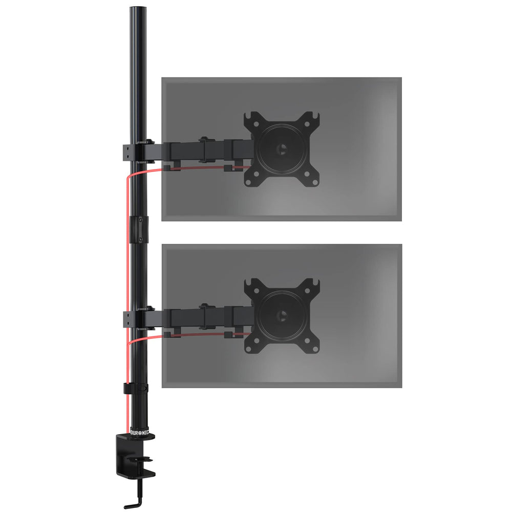 Duronic Dual Monitor Stand with adjustable arms, black pole, desk clamp, and integrated cable management.