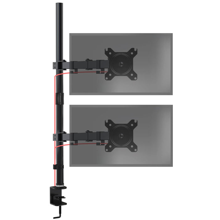Duronic Dual Monitor Stand with adjustable arms, black pole, desk clamp, and integrated cable management.
