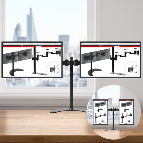 Duronic Dual Monitor Stand  with adjustable arms showing horizontal and vertical screen orientations on wooden desk.
