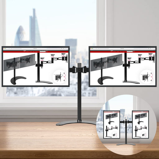 Duronic Dual Monitor Stand  with adjustable arms showing horizontal and vertical screen orientations on wooden desk.