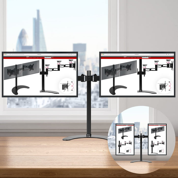 Duronic Dual Monitor Stand  with adjustable arms showing horizontal and vertical screen orientations on wooden desk.