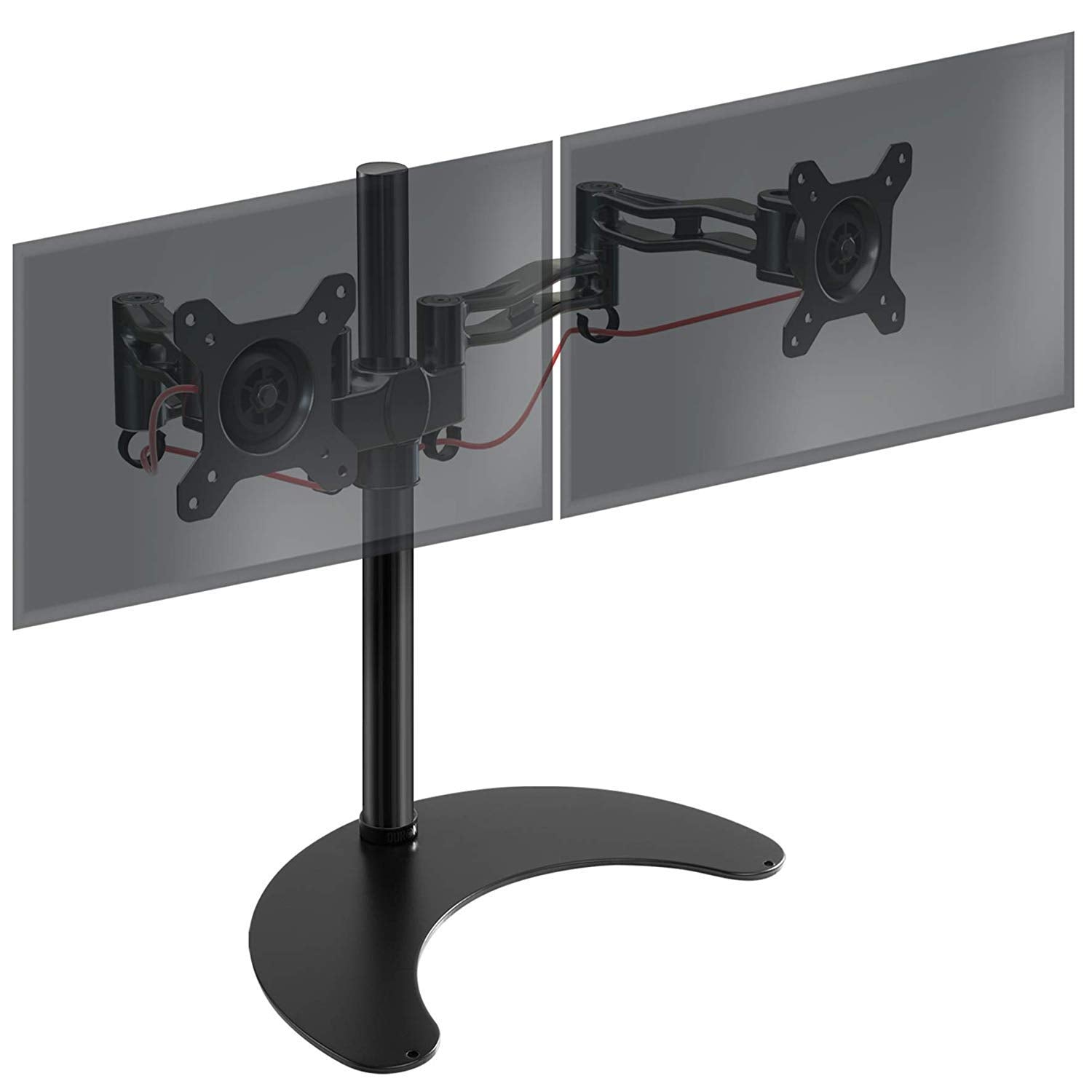 Duronic Dual Monitor Stand with adjustable articulating arms, VESA plates, and a crescent-shaped base.