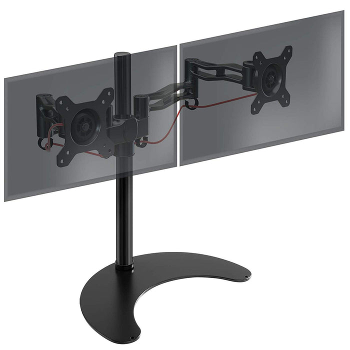 Duronic Dual Monitor Stand with adjustable articulating arms, VESA plates, and a crescent-shaped base.