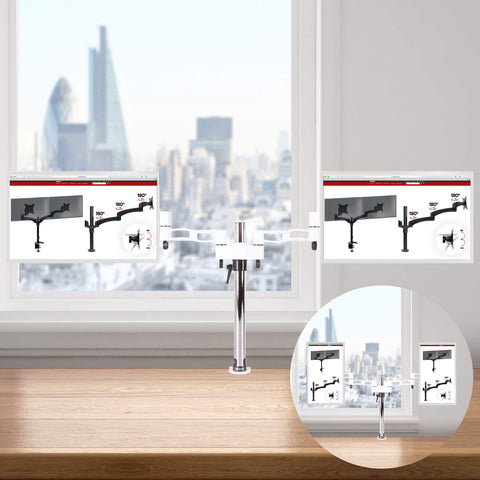 Duronic Dual Monitor Stand with adjustable articulating arms clamped to a wooden desk against city backdrop.