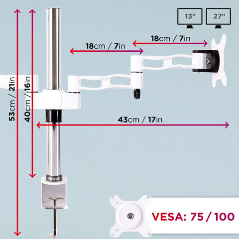 Duronic Dual Monitor Stand with dimensions, 13-27 inch screen support, and VESA 75/100 mounting plate.