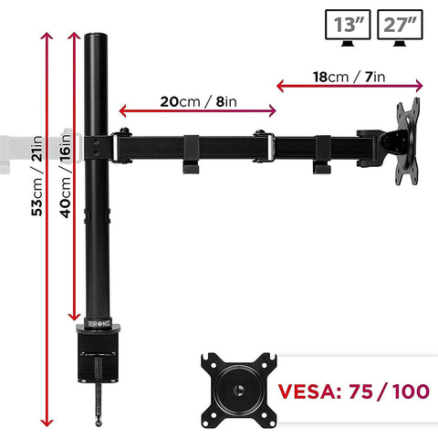 Duronic Dual Monitor Stand with measurements, VESA 75/100 compatibility, and 13" to 27" screen capacity.