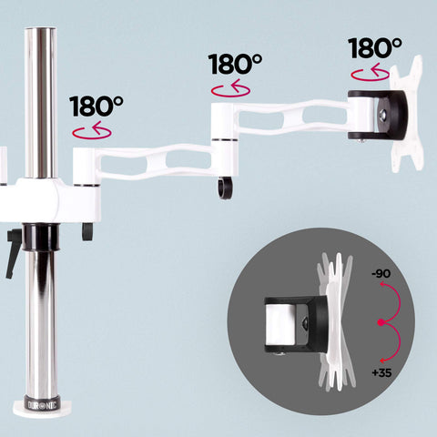 Duronic Dual Monitor Stand with three 180-degree swivel joints and vertical tilt VESA mount.