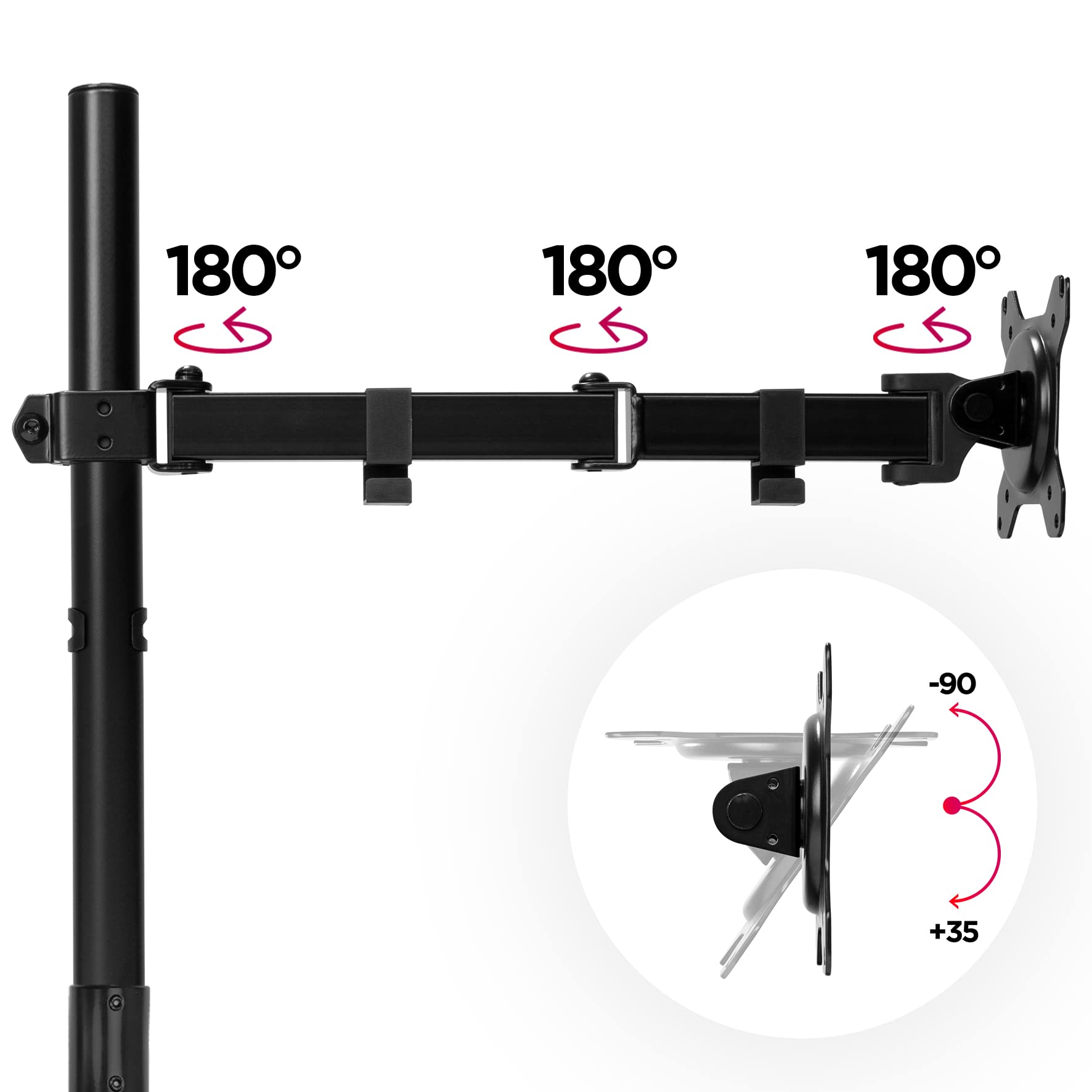 Duronic Dual Monitor Stand with triple 180-degree swivel joints and vertical tilt range illustration.