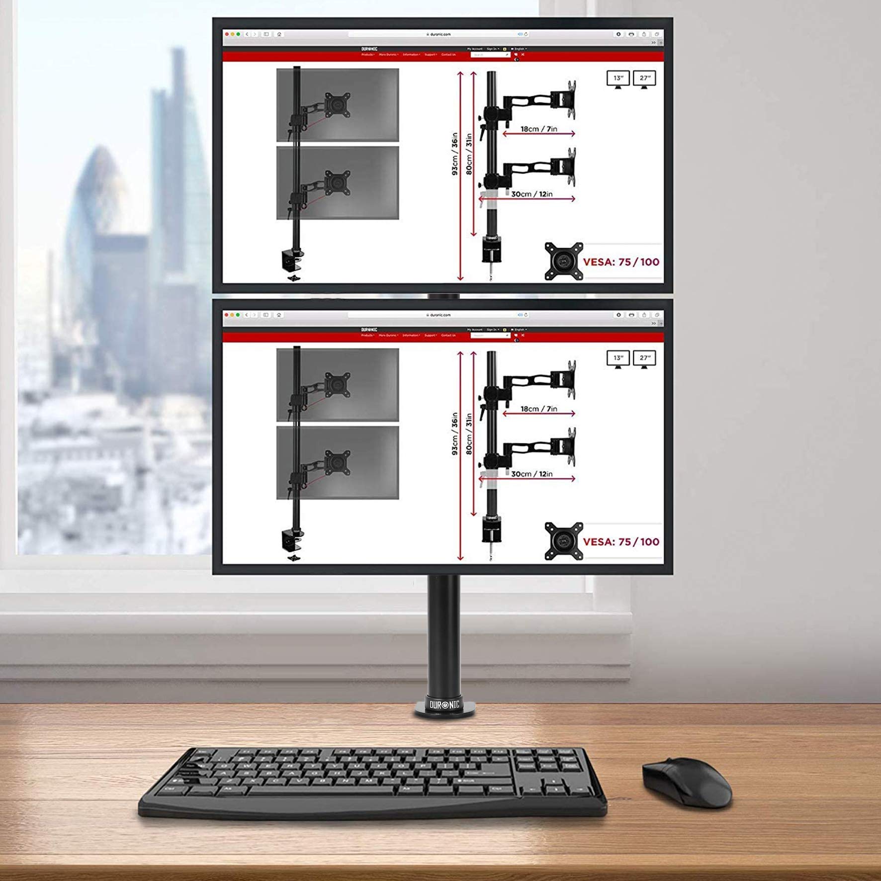 Duronic Dual Monitor Stand with two stacked screens, C-clamp desk mount, and black ergonomic design.