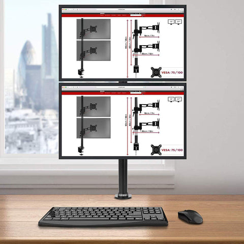 Duronic Dual Monitor Stand with two stacked screens, C-clamp desk mount, and black ergonomic design.