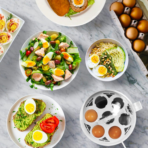 Duronic EB27 WE electric egg boiler cooking eggs for dishes shown like egg salad, protein bowl, avocado egg toast