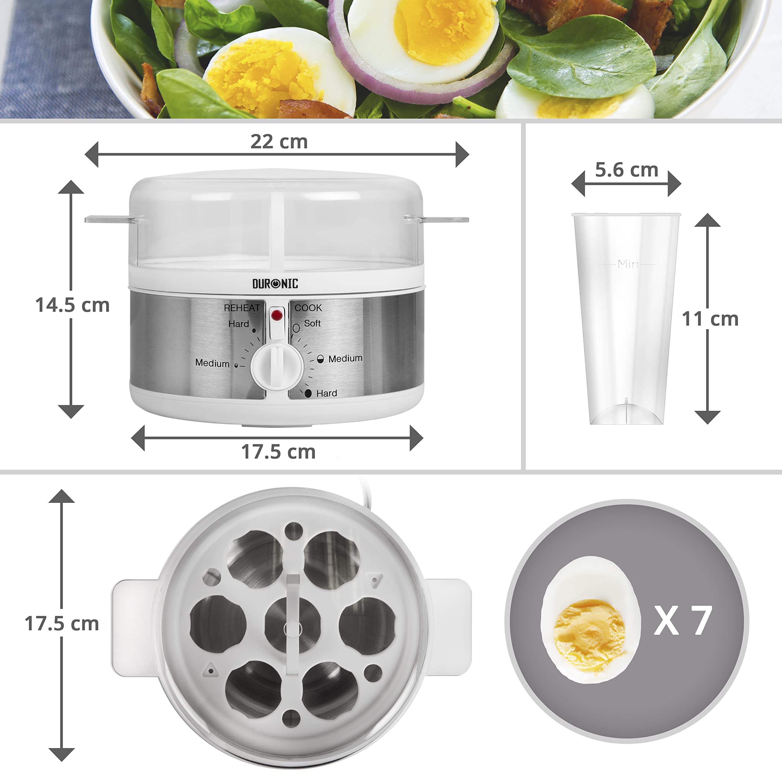 Duronic EB35 WE electric egg cooker dimensions length, width, height to cook 7 eggs 