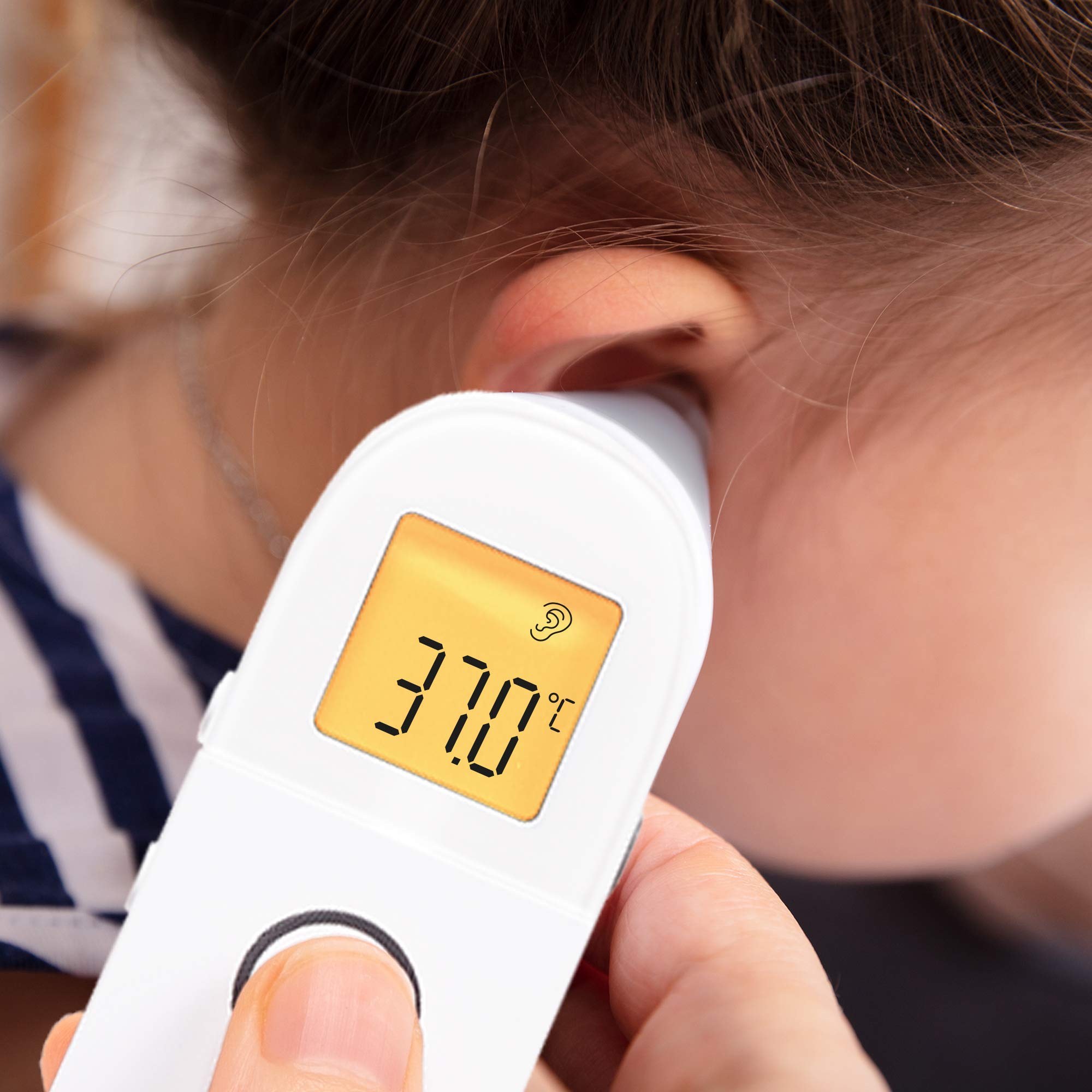 Duronic Ear and Forehead 3 in 1 Thermometer showing a 37.0°C reading being used on a child's ear.